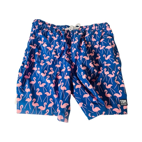TOM & TEDDY Men Sz 2XL Flamingo Classic Swim Shorts Blue Pink UPF 50 NWT - Picture 1 of 10